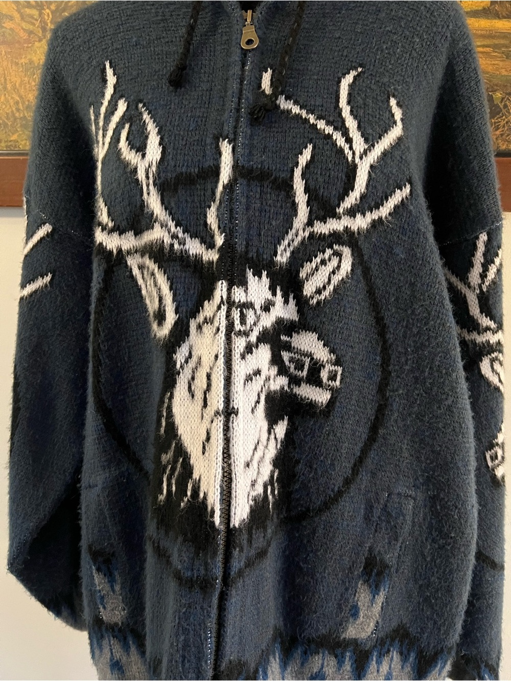 Vintage Tejidos Ruminahui stag deer wool navy hoodie cozy cabincore woodland - Picture 2 of 6